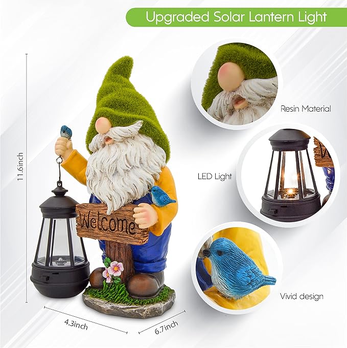 Garden Gnomes Outdoor - Flocked Gnome Statue Holding Lantern with Solar LED Lights | Gnomes Garden Decorations for Patio, Yard, Lawn Ornaments - Gnome Gifts