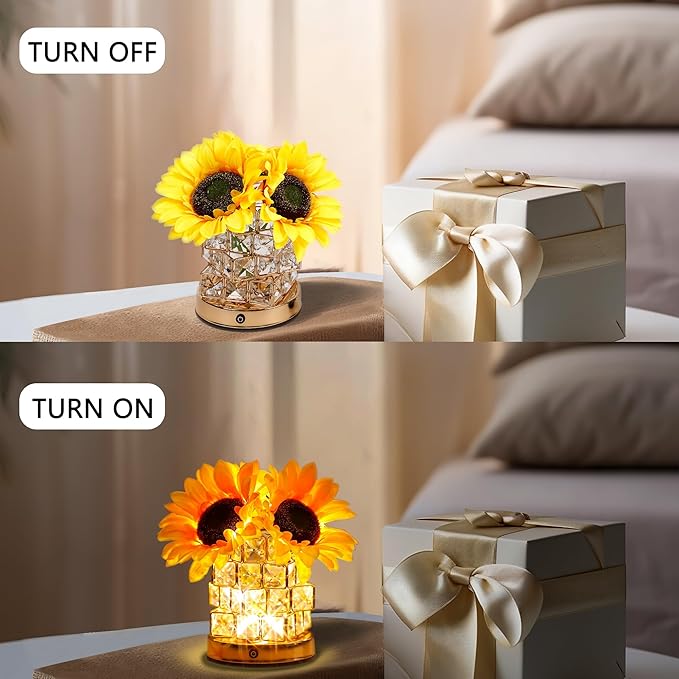 Sunflower Flower Lamp Gifts for Women, 3 Color Dimming Night Light for Womens Mom Her Daughter Christmas Anniversary Birthday Gifts, Bedroom Coffee Shop Decor Rechargeable Cordless Touch Lamp