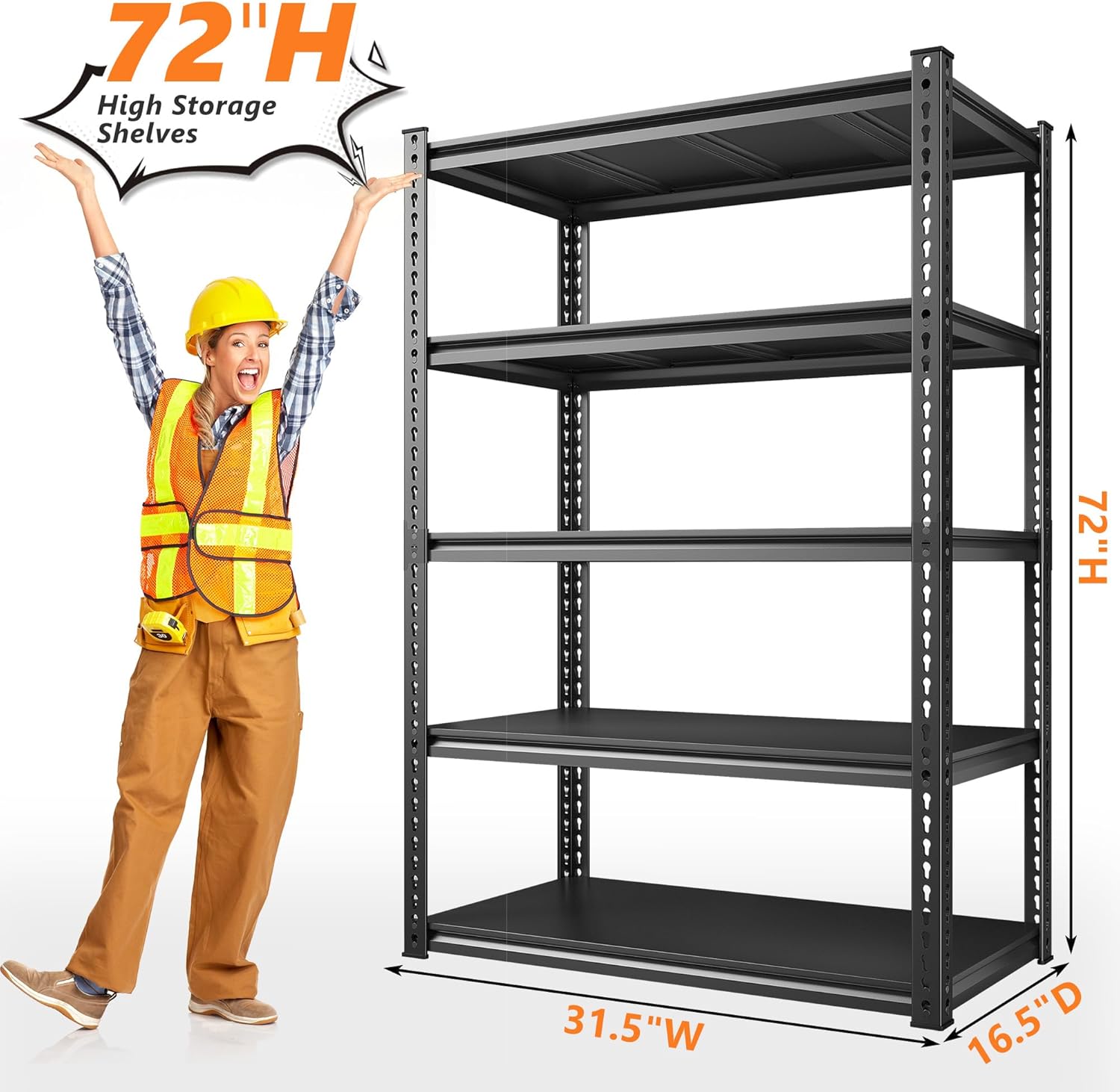 REIBII 72" Garage Shelving,Storage Shelves 2050LBS Heavy Duty Shelving, Adjustable 5-Tier Metal Shelves for Garage, Storage, Basement, Pantry, 72" H*31.5" W*16.5" D