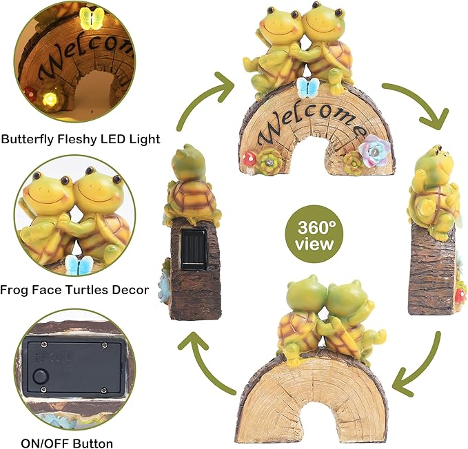 Attivolife Garden Statue Turtle Welcome Decor, Outdoor Solar Light Cute Succulent Frog Face Figurines LED, Patio Lawn Porch Yard Balcony Decor, Unique Housewarming Birthday Gift for Mom Women