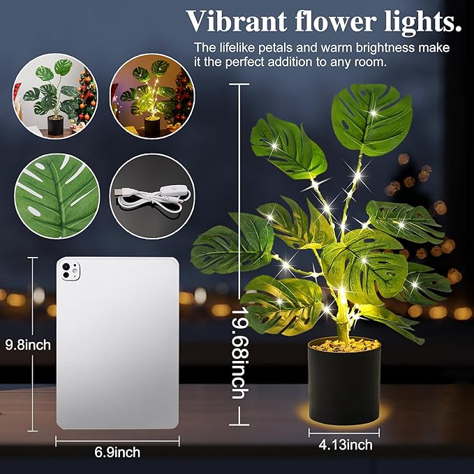 Artificial Monstera Deliciosa Plants Lamp, Tropical Trees with Greenery Leaves Stems,for Womens Gifts, Perfect Ideal for Bedroom Home Coffee Shop Decor Ambiance Charming Twinkling Tree (PLANTS - 2)
