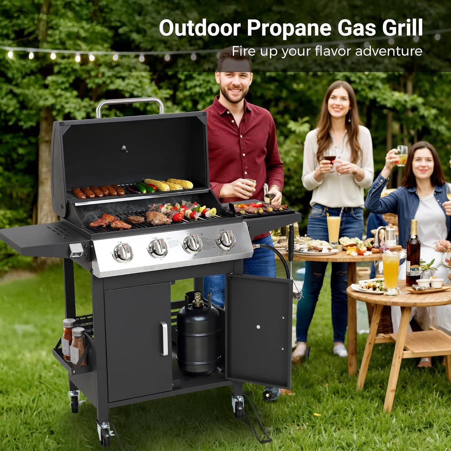 4-Burner Propane Gas Grill, Stainless Steel BBQ with 40,000 BTU, Foldable Side Shelves, Porcelain-Coated Grates, Ideal for Patio & Backyard Cooking (4 Burner)