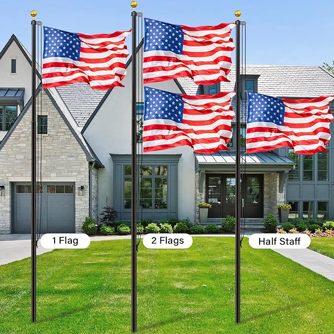 Flag Pole for Outside in Ground, 20FT Sectional Extra Thick Flagpole Kit, Heavy Duty Aluminum Outdoor Flag Poles with 3x5 American Flag for Yard, Garden, Residential or Commercial, Black