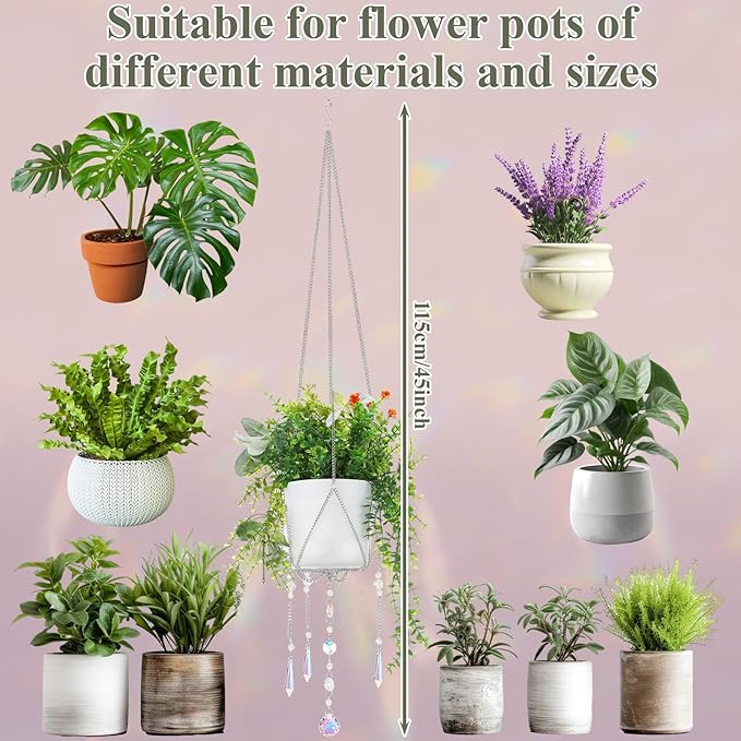 Chunful 3 Pack Sun Catcher Plant Hanger with Beads and Glass Crystal Beaded Plant Hanger Sun Catchers Kit Hanging Basket Accessories for Indoor Home Rainbow Decor, Pots Not Included (Silver)