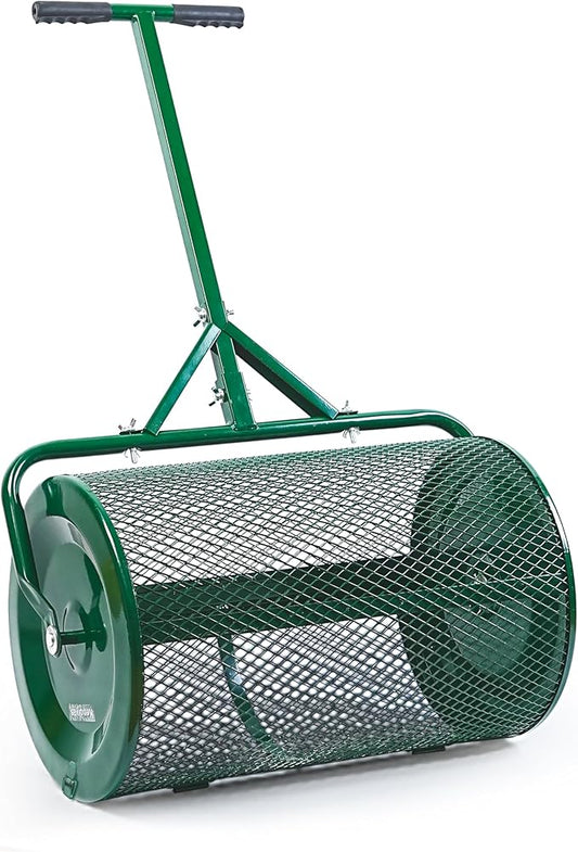 Compost Spreader- 24 inch Peat Moss Roller With improved T shape handle-Lawn & Garden Spreader For Top Dressing Compost, Fertilizer, Mulch And Soil- Strong and Lightweight material for basket