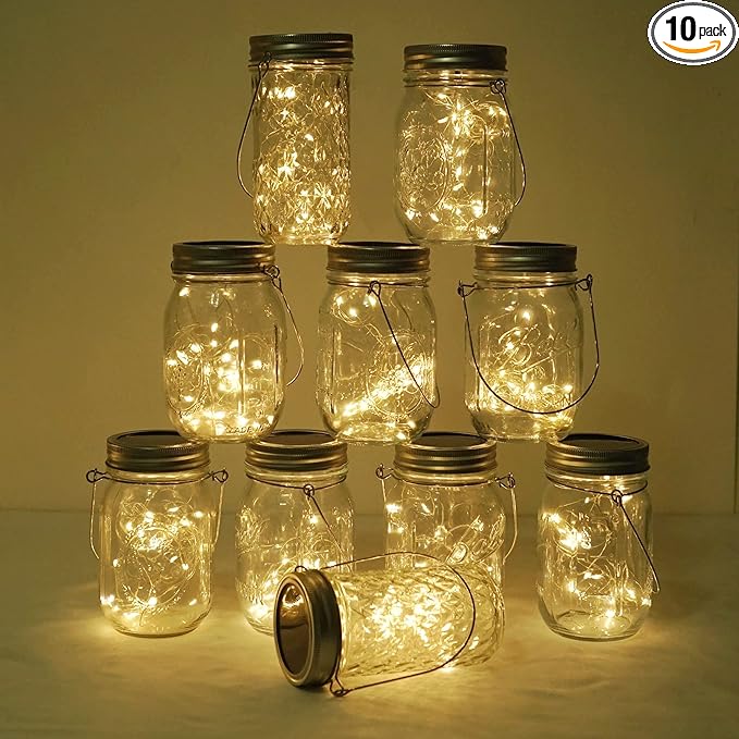 Decorman Solar Mason Jar Lights, 10 Pack 30 LED Fairy Star Firefly String Lids Lights with 10 Hangers for Patio Yard Garden Party Wedding Christmas Decoration(Jars Not Included) (10 Pack, Warm White)