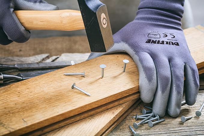 DULFINE Safety Work Gloves PU Coated-12 Pairs,Grey Seamless Knit Glove with Polyurethane Coated Smooth Grip on Palm & Fingers, for Men and Women, Ideal for General Duty Work (Large)