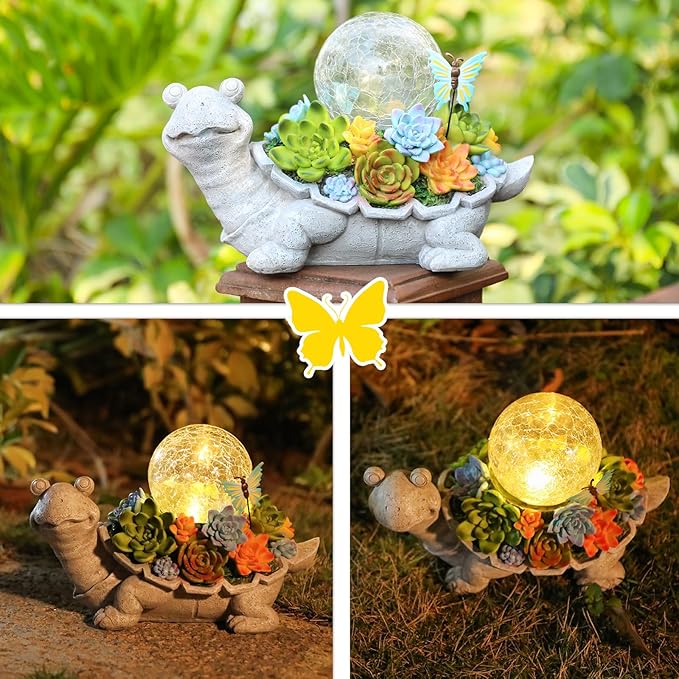 Afirst Solar Garden Turtle Statues with Succulent Outdoor Resin Figurine Solar Lights Decorations,Tortoise Statue for Lawn, Patio, Balcony, Yard Ornament