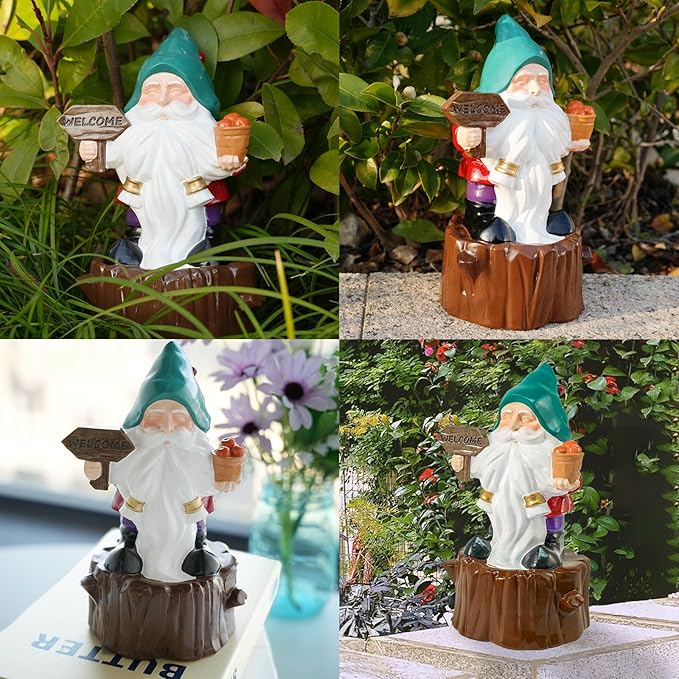 Bbiamsleep 8 Inch Garden Gnome Statue Resin Gnome Figurine with Welcome Sign Outdoor Garden Gnome with Tree Stump Gnome Lawn Statue for Indoor Outdoor Home Patio Yard Lawn Fairy Garden Decor