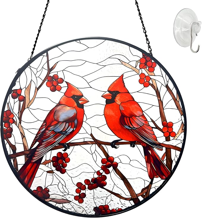 Cardinal Red Bird Suncatcher Stained Glass Suncatchers 7.87 Inch Stained Glass Ornament for Home Decor Indoor Wall Art for Christmas Day Valentine's Day Mother's Day Women