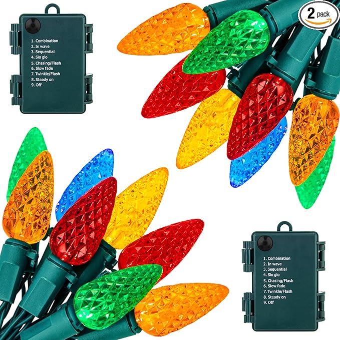 C6 LED Christmas String Lights - 2 Pack 20ft 60LED Battery Operated Strawberry String Lights with Timer and 8 Light Modes for Christmas Trees, Wreaths, Indoor Outdoor Xmas Decor, Multicolor