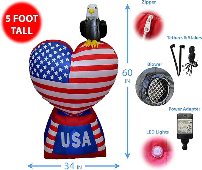 5 Foot Tall Patriotic Independence Day 4th of July Inflatable Love Heart with American Flag and Bald Eagle Pre-Lit LED Lights Outdoor Indoor Lawn Yard Holiday Decoration Blow up Home Garden Decor