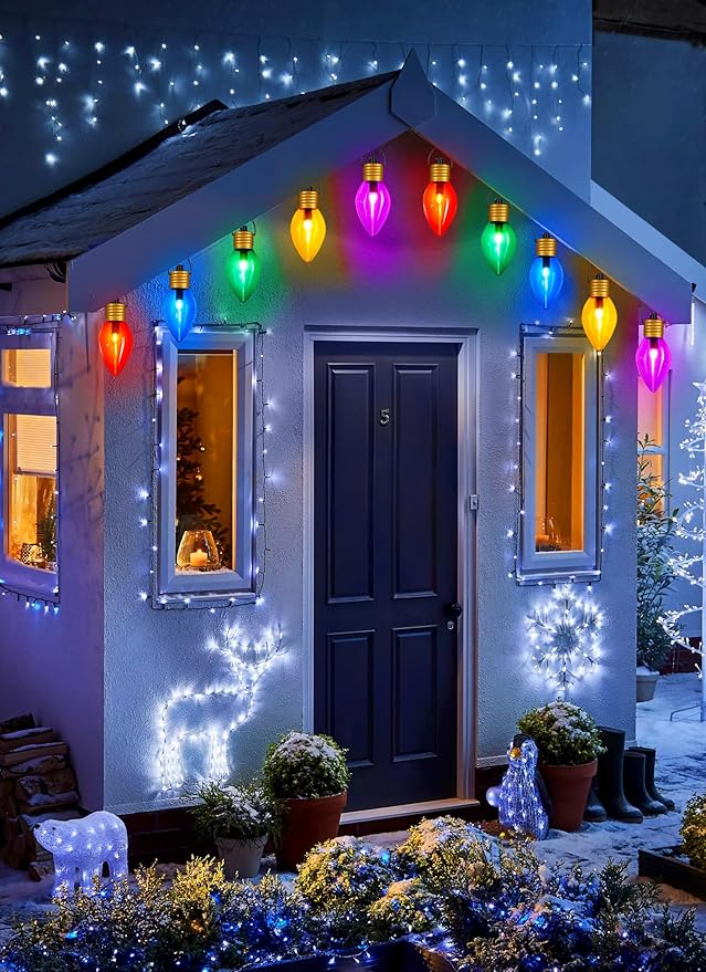 4 Pack Christmas Lights Jumbo C9 Outdoor Lawn Decorations with Pathway Marker Stakes, 10.5Ft C7 Lights Covered Jumbo Glitter Multicolor Bulb for Holiday Outside Yard Garden Decor