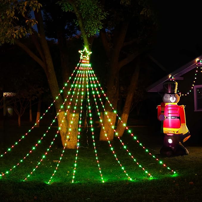 BlcTec Outdoor Christmas Decorations, 352 LED Christmas Star Lights with 9 Strands 11.7ft Waterfall Christmas Tree Lights, 8 Modes, Waterproof, Timer for Yard Patio Xmas Décor, Flowing Red and Green