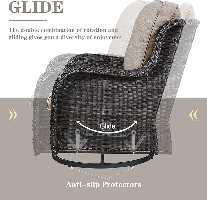 5 Pieces Patio Wicker Furniture Set - 4 Outdoor Swivel Rocker Glider Chairs with Propane Fire Pit Table, Warm Patio Conversation Set Grey Cushion Perfect for Casual Gathering