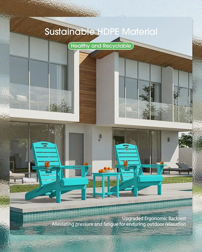 Adirondack Chairs Set of 4, Outdoor Fire Pit Chairs, HDPE All-Weather Adirondack Chairs with Cup Holder, Lawn Chair for Deck, Patio, Garden (Lakeblue)