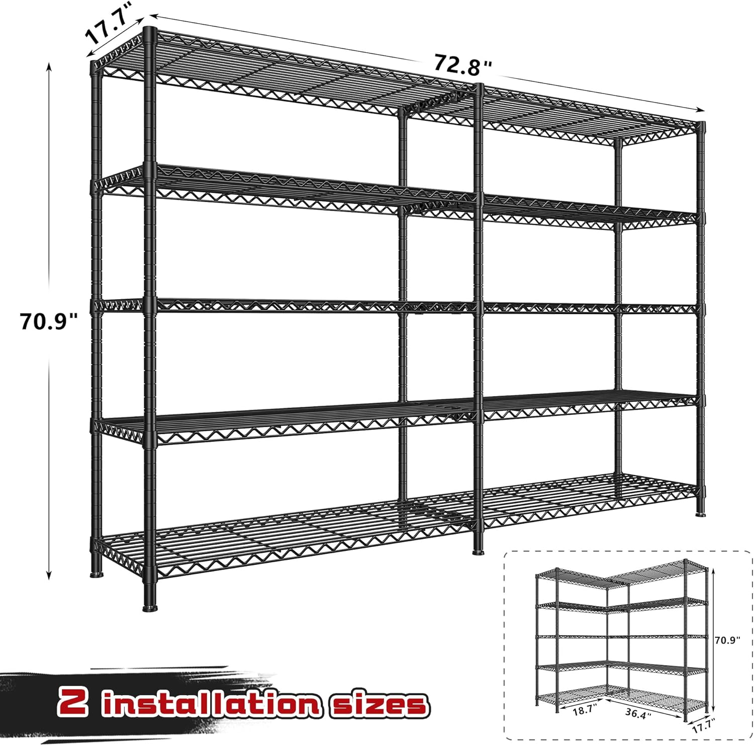 REIBII 72.8" W Storage Shelves Load 1600LBS, 5 Tier Metal Shelving Unit Wire Shelving for Storage Rack Heavy Duty Metal Shelves for Garage Pantry Kitchen, 17.7" D x 72.8" W x 70.9" H