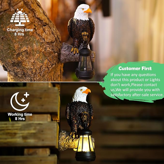 Eagle Tree Hugger with Solar Lantern - 8 Inch Resin Eagle Statue for Outdoor Garden Decor - Ideal Eagle Housewarming & Birthday Gifts for Grandma Mom Women