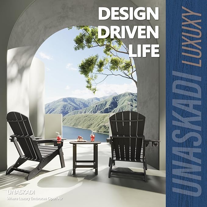 Folding Adirondack Chair Set of 3 with Cup Holder, HDPE All Weather Resistant Plastic Outdoor Patio Chairs, Heavy Duty Fire Pit Seating for Backyard Lawn Garden, Wooden Textured Design(Gray)