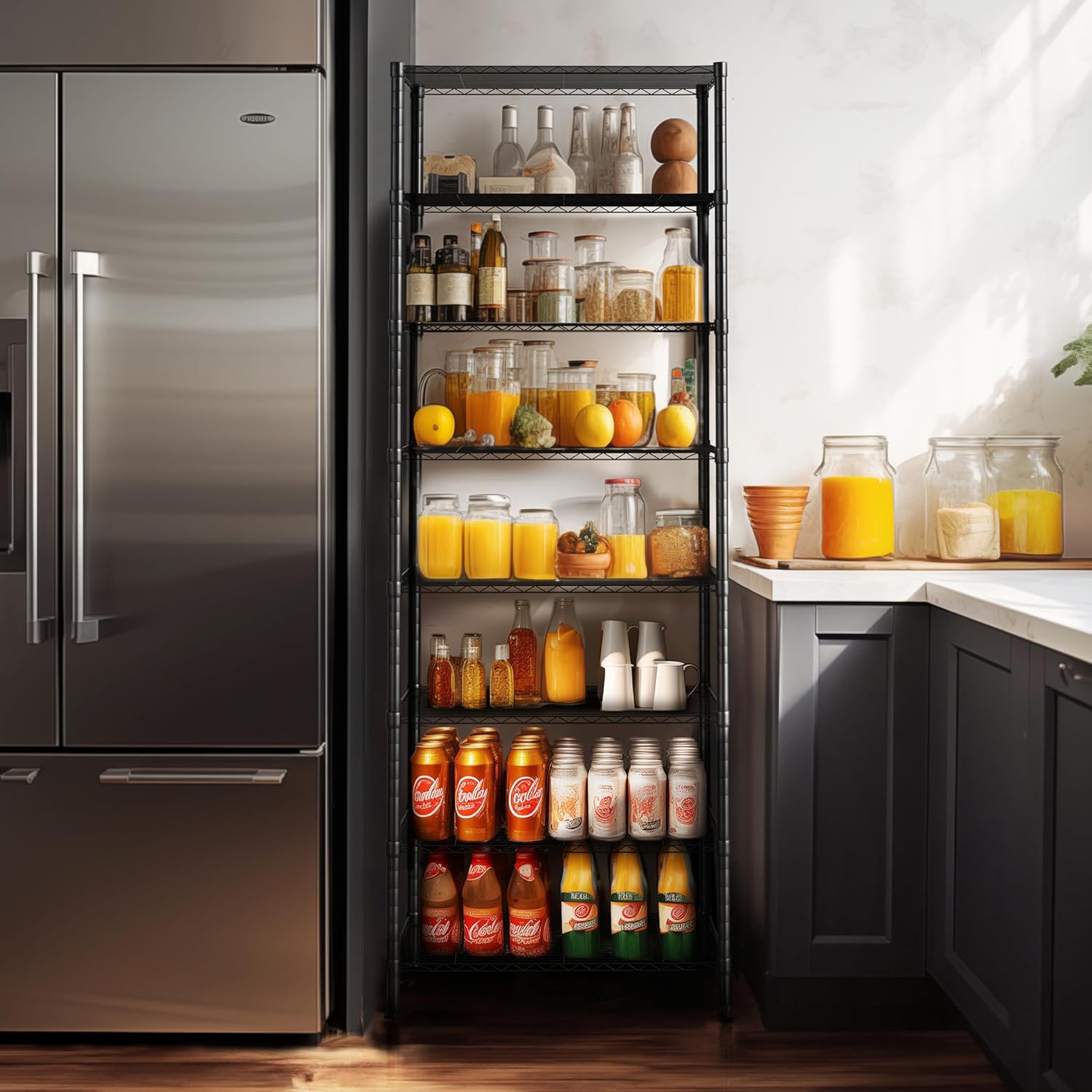 Finnhomy 8-Tier Wire Shelving Unit Adjustable Steel Wire Rack Shelving 8 Shelves Steel Storage Rack or Two 4-Tier Shelving Units with PE mat, Leveling Feet and Safety Device, NSF Certified, Black