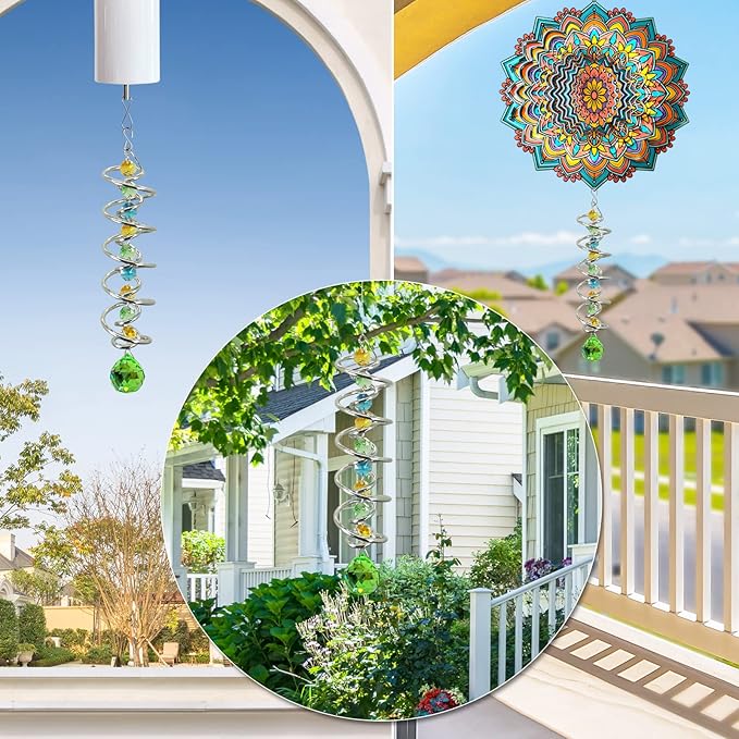 FONMY Gazing Ball Spiral Tail -Decorative Wind Spinner Sun Catcher Rainbow Maker Double-Spiral W/Green Crystal Ball and Chain Crystals for Indoor Outdoor Garden Decoration -14 inch Height