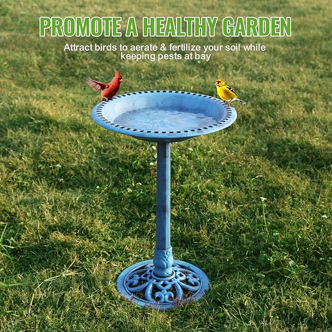 Backyard Expressions Outdoor Garden Bird Bath - Blue - Weather Resistant Polyresin - 27 Inch