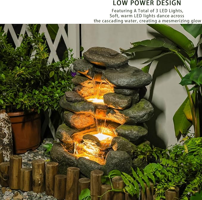 4-Tier Rock Water Fountain Outdoor Waterfall Garden Decor, 23.4" Cascading Waterfall With LED Lights for Patio, Lawn, Backyard, and Home, Faux Stone Design