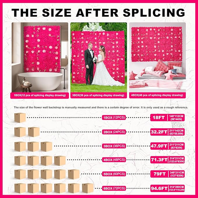 Flower Wall Backdrop 12 pcs 16.5x16.5 Inch Floral Wall Panel Artificial 3D Silk Rose Wall Decor Ideal for Wedding Celebrations, Festive Party Backdrops, and Home Decor-Rose Red