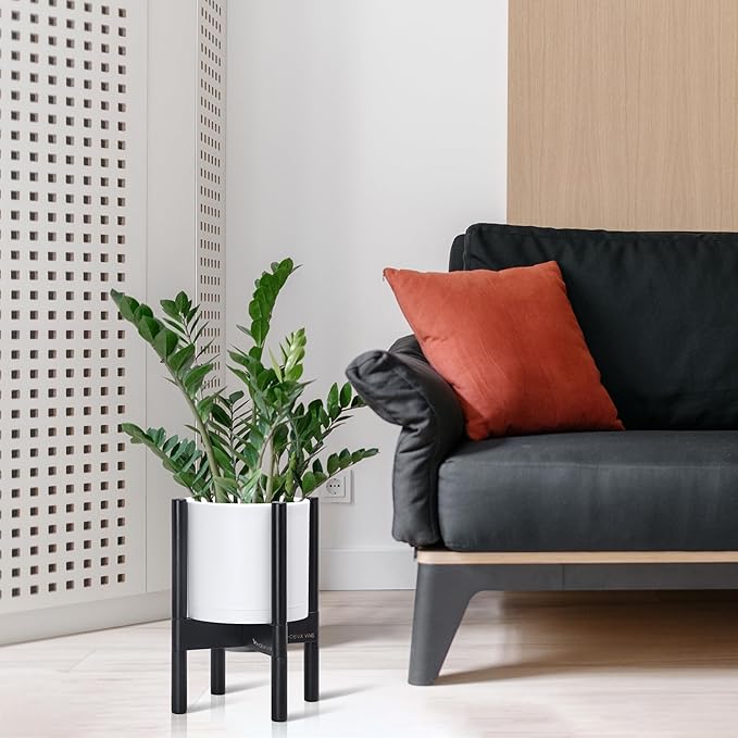 D'vine Dev Planter Pot with Stand - 8 Inch Plastic Cylinder Flower Pot with Wood Planter Holder for Indoor, Matte White Pot + Ebony Stand, 55-C-K-1