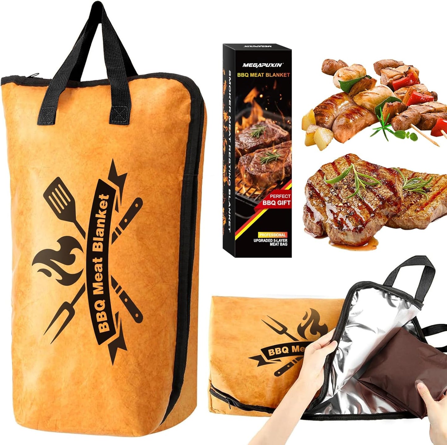 BBQ Blanket for Resting Meat, 22 in Smoker Meat Resting Blanket, Reusable Smoker Grilling Meat Insulated Resting Bag with Wide Mouth for Large Gifts for Men/Dad with Box, Brown
