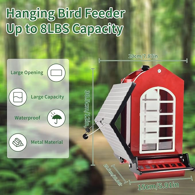Bird Feeder Squirrel Proof Metal Hanging for Outdoor Wild Bird Seed, 5LBS with Bilateral Weight-Activated Perches, Heavy Duty Bird Feeders for Outside Wild Bird - Red