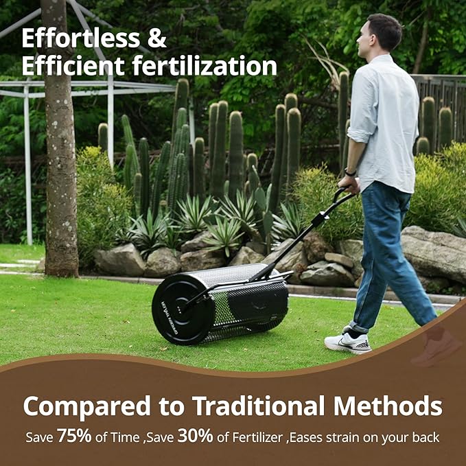 Compost Spreader 36 Inch Towable Peat Moss Spreader with Installation Support Accessories, Metal Mesh Roller Lawn Spreader for Top Soil, Manure, Mulch, Top Dressing - Garden spreaders for lawns