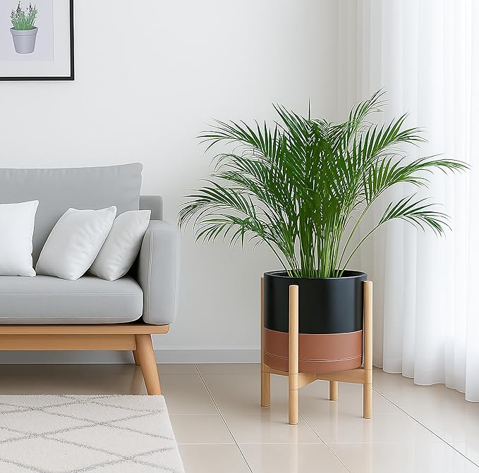 D'vine Dev Ceramic Planter with Natural Stand - 12 Inch Modern Round Flower Pot with Wood Planter Holder, Black/Speckled Tan, 55-B-J-7