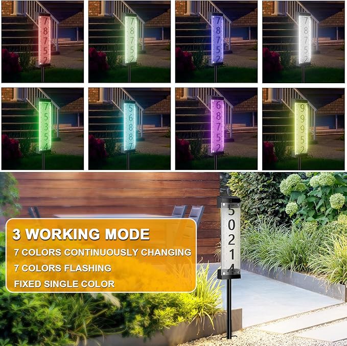 Solar House Number [Upgrade 3D Acrylic Number] Solar Address Sign Increase Brightness, Number Is Bold, Anchor Is Made Of Iron,Solar House Number Sign with Two Lighting Modes and Two Installation (White)(Manual without remote control) (Discoloration)