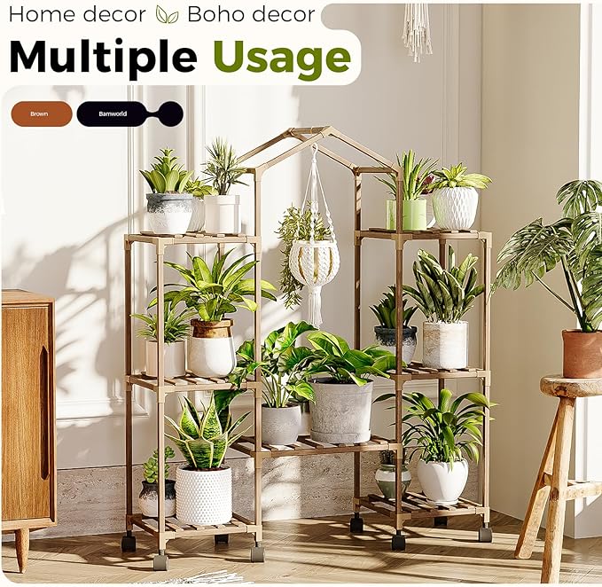 Bamworld Plant Stand with Wheels Indoor Hanging Plant Shelf Outdoor Large Plant Rack for Multiple Plants Boho Home Decor Plant Gift for Mom Women