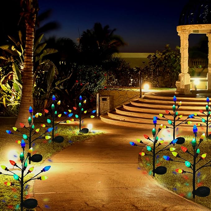 C7 Solar Christmas Pathway Lights - 2 Pack with 24 LED Strawberry Multicolor Lights, 8 Modes - Outdoor Waterproof Christmas Decorations for Garden, Yard, Pathway