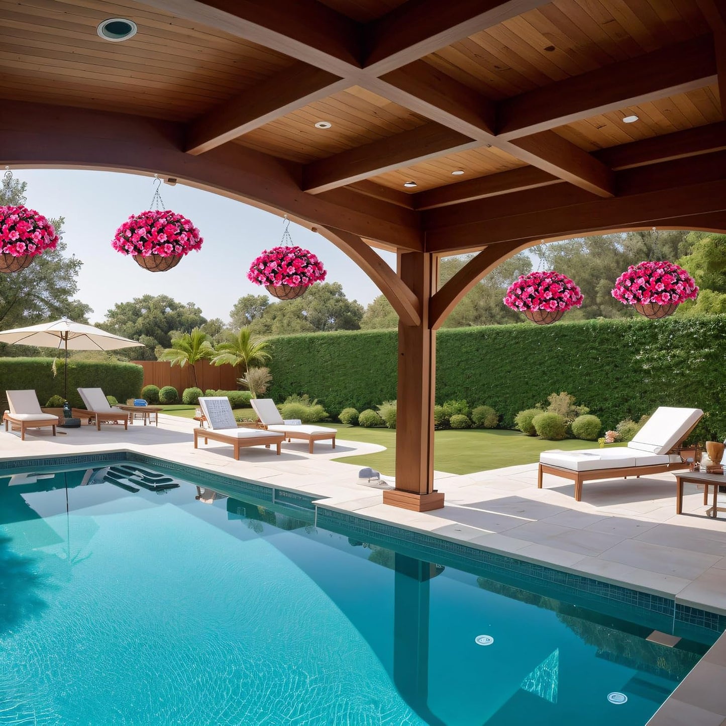 Artificial Hanging Flowers with 12" Basket for Outdoor Decor, Fake Hydrangea UV Resistant Arrangements in Pot Indoor Porch Garden Yard Spring Summer Decor(Double Rose)