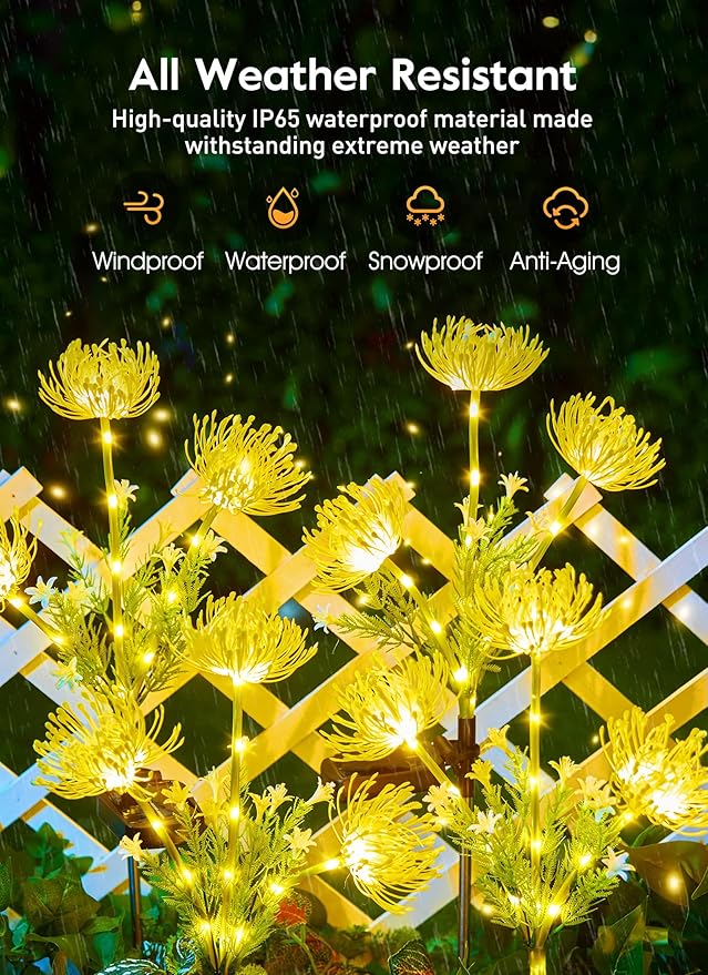 Brightown Outdoor Solar Garden Lights - 4 Pack LED Solar Flower Lights with Glowing Flowers & Stems, More Realistic, Bigger Solar Panel, Waterproof Solar Lights for Outside Yard Patio Home, Yellow