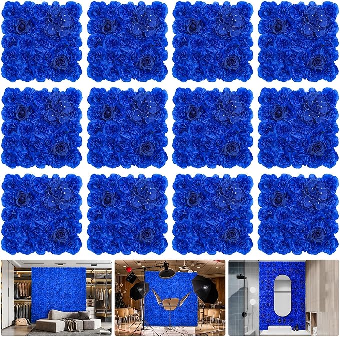 Flower Wall Backdrop 12 pcs 16.5x16.5 Inch Floral Wall Panel Artificial Silk Rose Wall Decor Ideal for Wedding Celebrations, Festive Party Backdrops, and Home Decor-Bright Blue