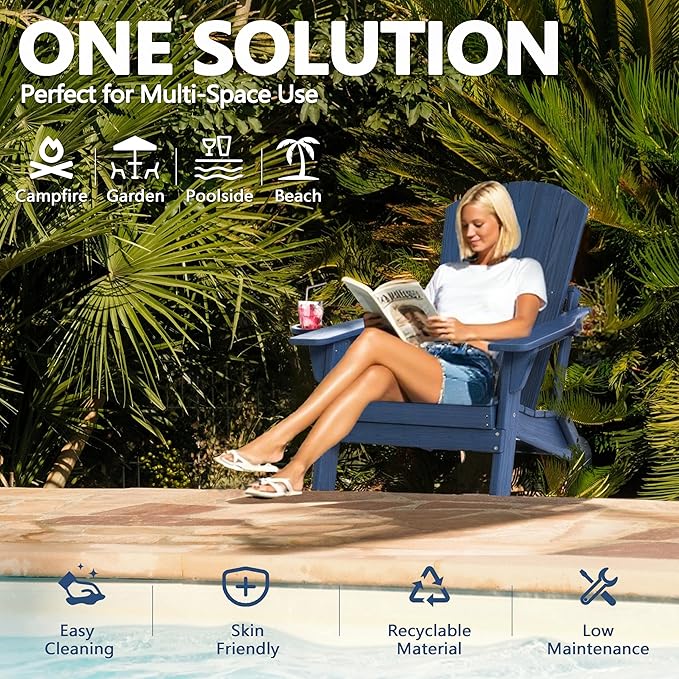 Folding Adirondack Chair Set of 3 with Cup Holder, HDPE All Weather Resistant Plastic Outdoor Patio Chairs, Heavy Duty Fire Pit Seating for Backyard Lawn Garden, Wooden Textured Design(Navy Blue)