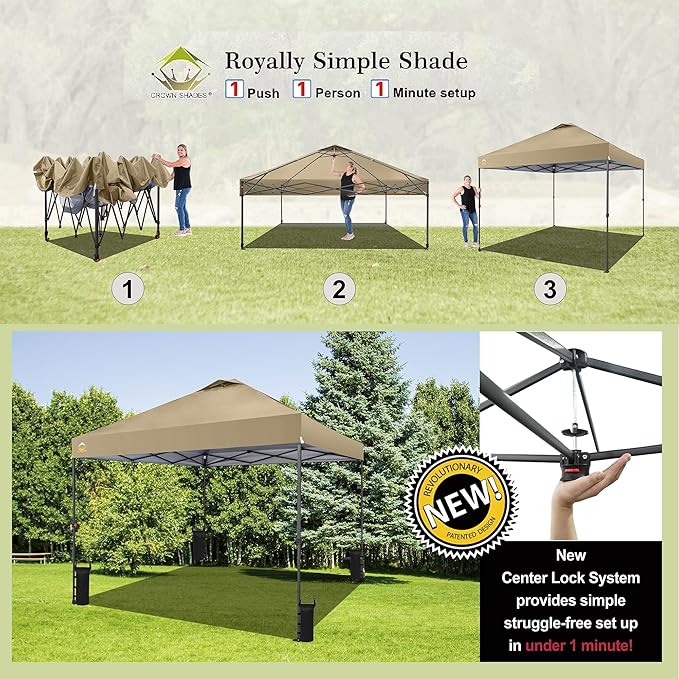 CROWN SHADES 10x10 Pop Up Canopy Tent - Patented Center Lock One Push Instant Outdoor Canopy Beach Tent with STO-N-Go Bag 8 Stakes & 4 Sand Bags，Khaki
