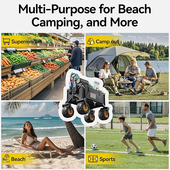 DXZ Beach Wagon Cart with Big Wheels for Sand – Folding Collapsible Wagon, Heavy Duty Wagons Carts Foldable for Beach, Camping, Outdoor Gear, Easy Setup Black Yellow