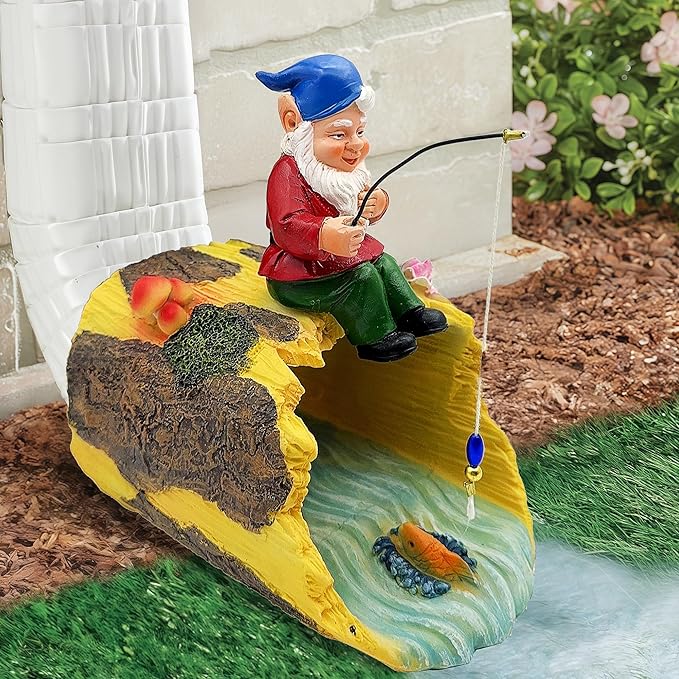 Gnome Fishing 3" x 4" Gutter Downspout Splash Block Decor, Outdoor Garden Animal Statue & Sculpture, Weather-Resistant Gutter Diverter Rain, Decorative Gutter Extension Downspout Ornament