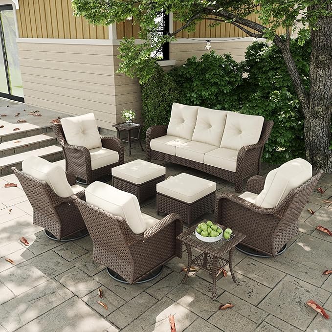 9 Pieces Outdoor Patio Furniture Sets with Rocking Swivel Chairs with 6-inch Thick Cushion and Side Table for Deck Lawn