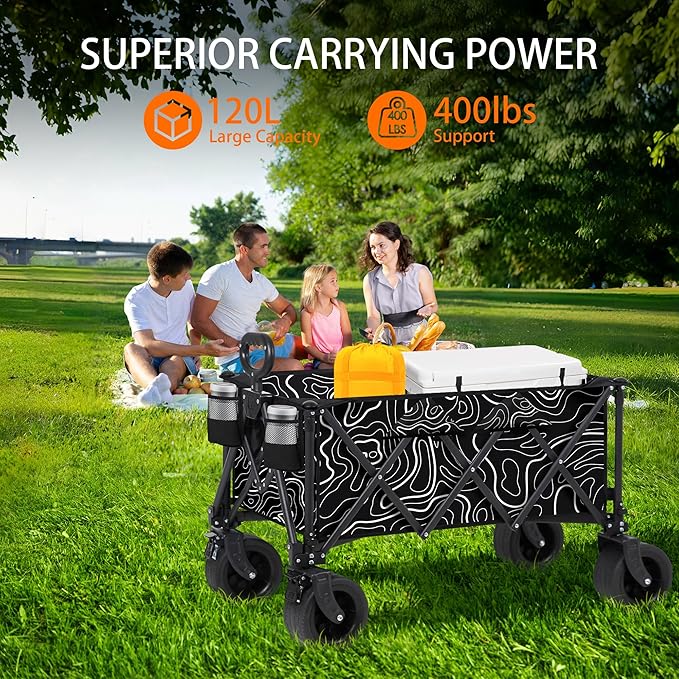 Collapsible Wagon with Big Wheels, Wagons Carts Foldable 400LBS Large Capacity, Heavy Duty Utility Cart Grocery Wagon w/Side Pockets and Brakes, All-Terrain Beach Cart for Camping, Sports, Shopping