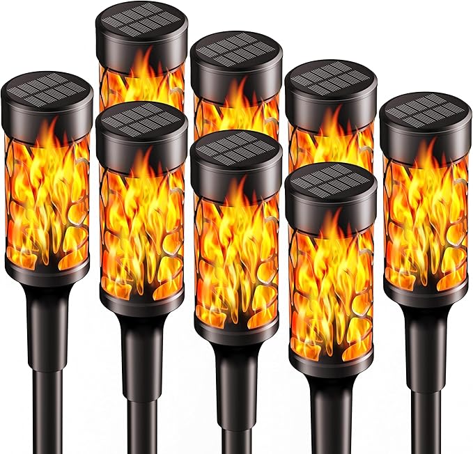 8 Pack Solar Outdoor Lights, Extra-Bright Solar Torch Lights with Dancing Flickering Flames for Garden Halloween Decorations Outdoor, Waterproof Yard Decor Halloween Lights for Pathway Patio