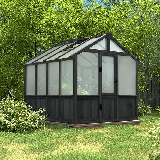 6x8 FT Greenhouse Kit for Outdoor, Thickened Polycarbonate Panel Wooden Walk-in Green House with Lockable Door and Adjustable Roof Vent, Backyard Garden, Black