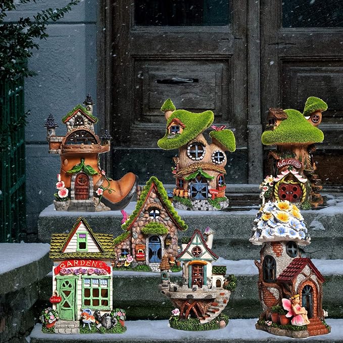 ASAWASA Resin Fairy House Statues with Solar Powered Lights, Funny Garden Sculptures with Flocked and Cobblestone Decor, Exquisite Garden Cottage Figurines