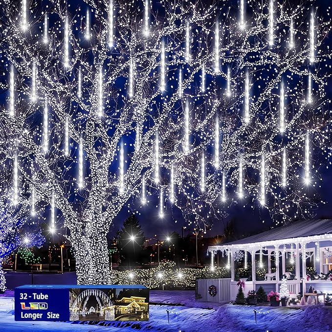 Christmas Decoration Outdoors- 32 Tubes (Equivalent to 4 Sets of 8-Tubes) Meteor Shower Rain Lights, White Falling Rain Lights for Christmas Decor Xmas Tree Halloween Yard Wedding Party, UL Plug