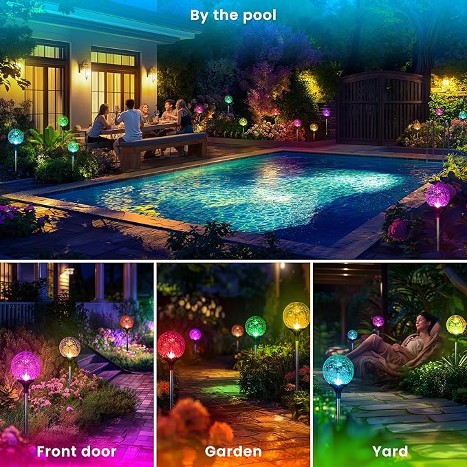 Gigalumi Solar Garden Lights Decorations 6 Pack, Outdoor Solar Lights for Yard Decorative, Multi-Colored Changing Garden Globes Waterproof Cracked Glass Ball with LED Lights Decor for Patio Landscape